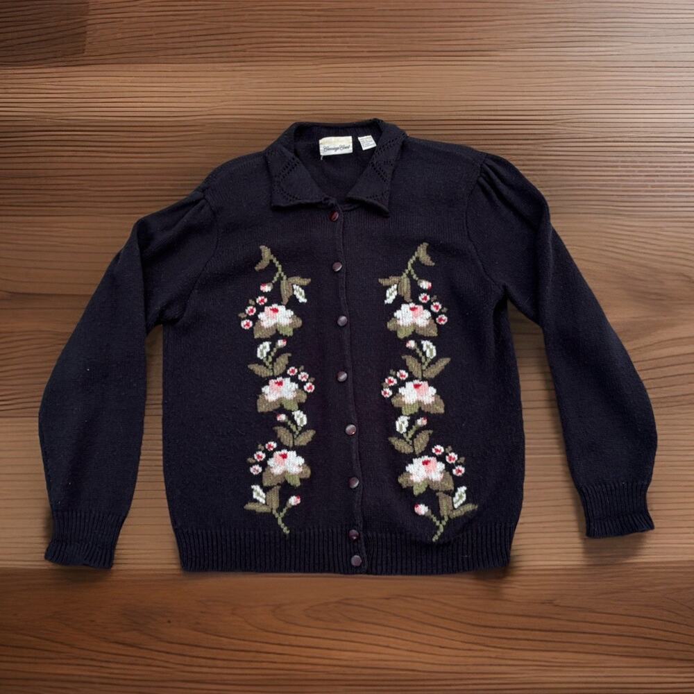 Cottagecore Floral Knit Cardigan Sweater Black Vintage Grandma Core Sz L Buttons